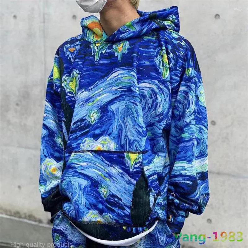 Herrtröjor Allover Graffiti Hoodie Women's Quality Terry Cloth Sweatshirt Abstract Night Sky Eu Pullovers mångsidig blå