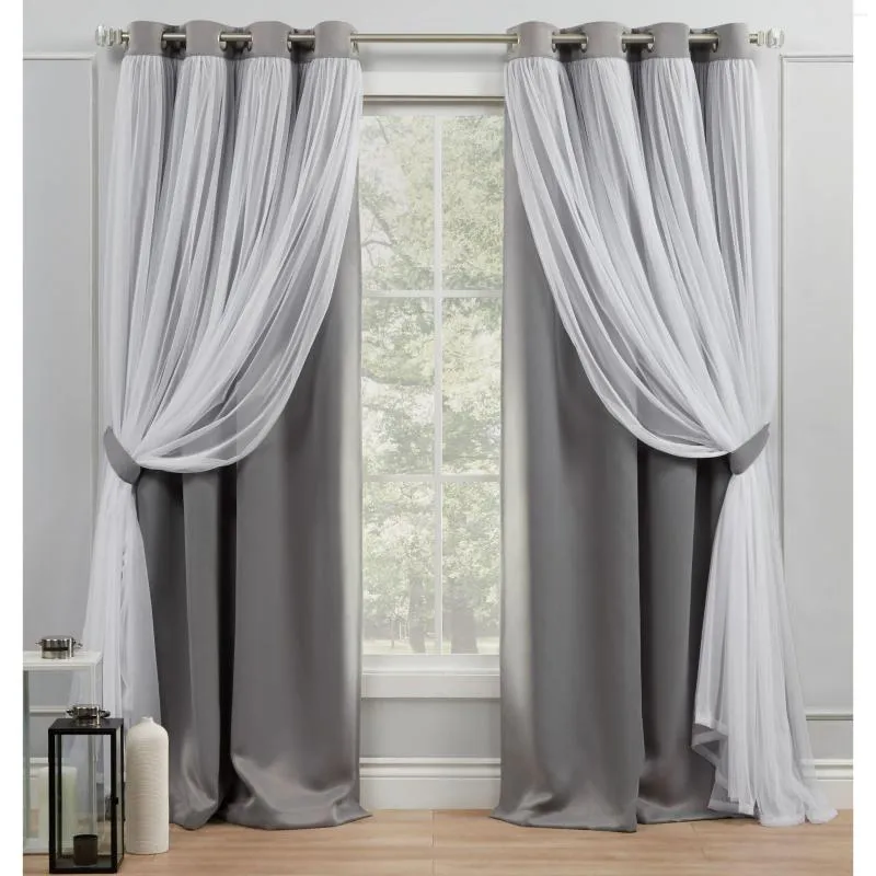 Curtain Curtains Catarina Layered Solid Room Darkening Blackout And Sheer Grommet Top Panel Pair 52x96 Soft Grey