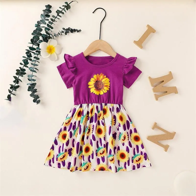 Vestidos de menina para bebês meninas com babados/manga curta com botão de renda e estampa de leopardo vestido de verão girassol praia po 6