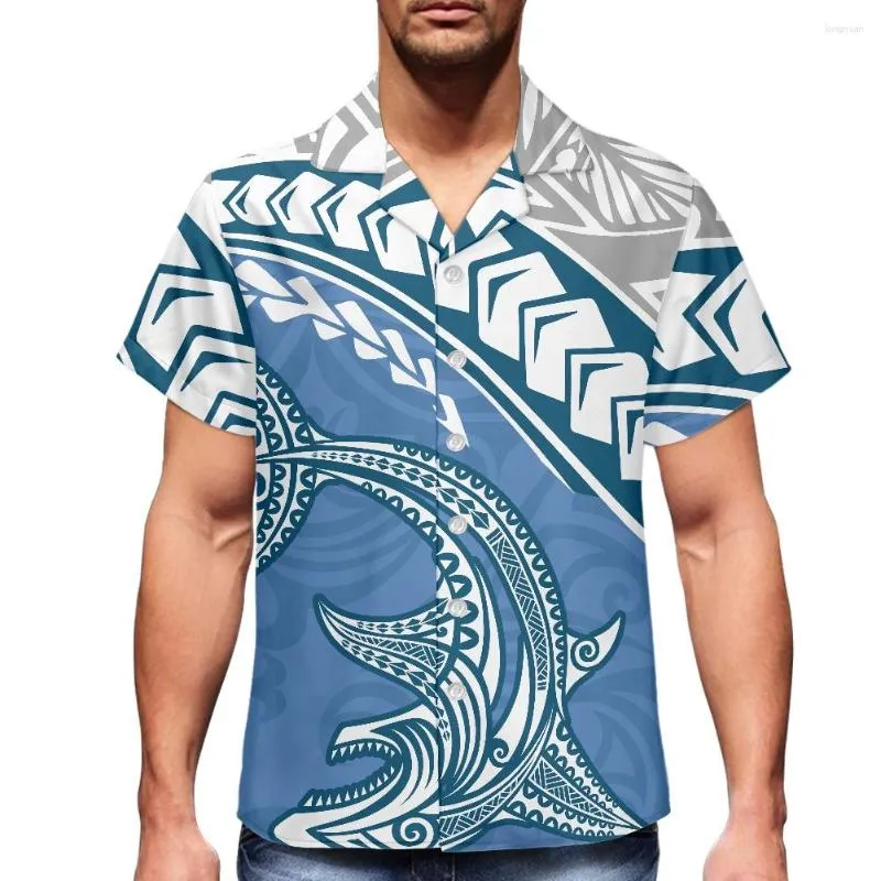 メンズカジュアルシャツブルークジラ印刷キューバ版シャツサモアパターン2023夏の半袖ラペル服