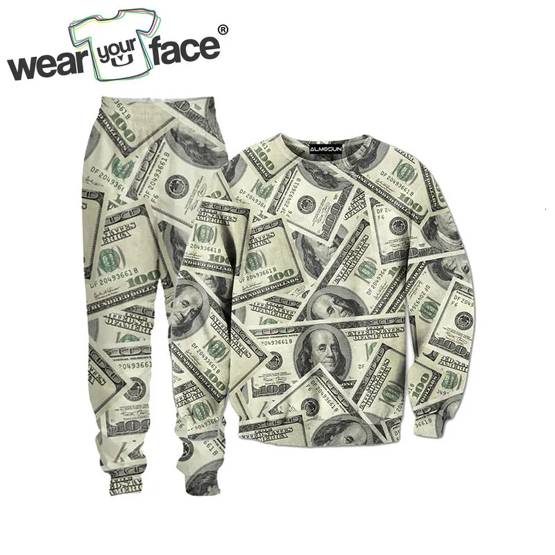 Herrspåriga amerikanska dollar collage 3D över hela tryckta Crewneck Sweatshirts Sweatpants Streetwear Kid Women Män Set Size Dropship 230906