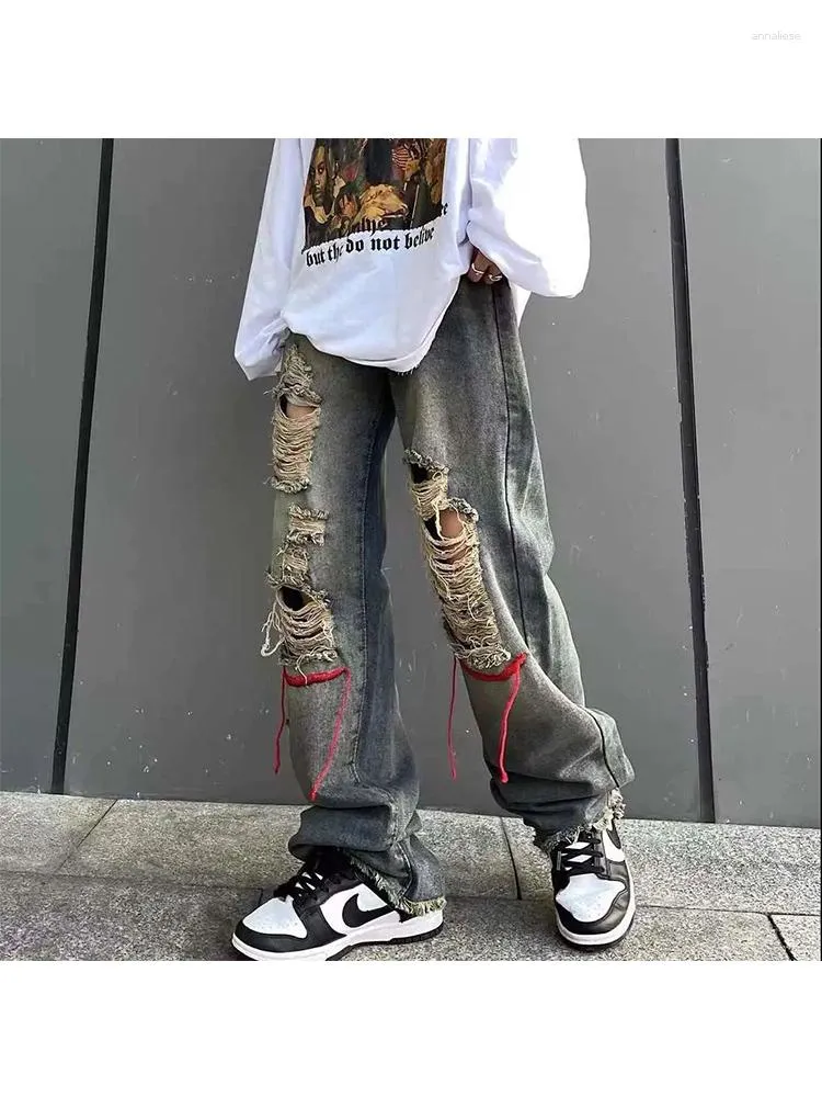 Kvinnors jeans kvinnor rippade byxor punk denim byxor raka ben hip hop hajuku koreanska streetwear hippie hål byxor feamle