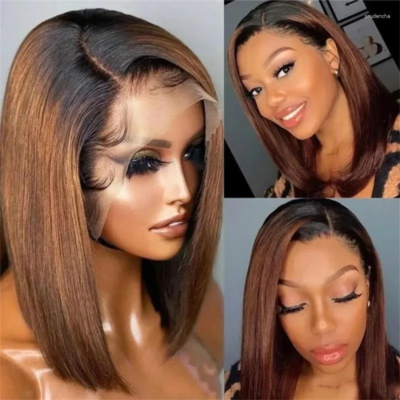 Clearance Sale Ombre Straight Bob Wig 13x1 T Part Lace With Black Roots Brown Colored Human Hair Pre Plucked