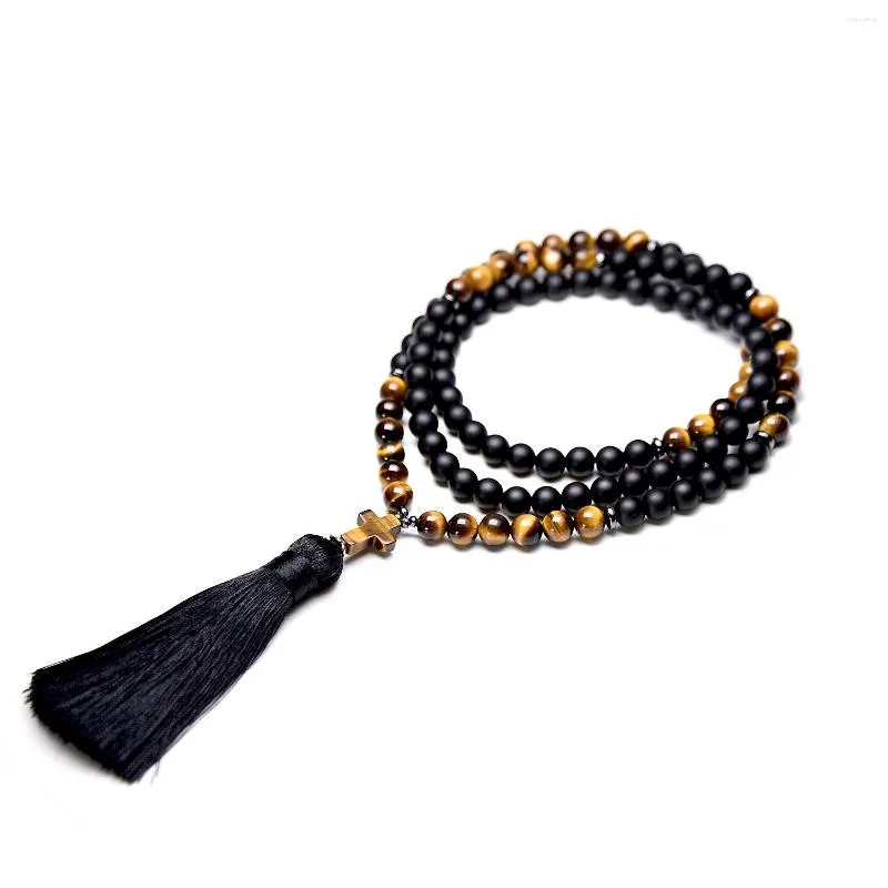 Pendentif Colliers Naturel Noir Onyx 108 Japamala pour hommes Yoga Mala Croix Rosaire Gland Long Collier Femmes Reiki Guérison Bijoux 8MM