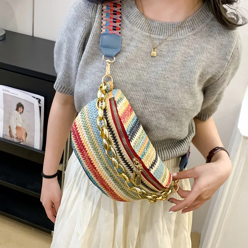 Boho Striped Straw Woven Boho Waist Bag With Thick Chain