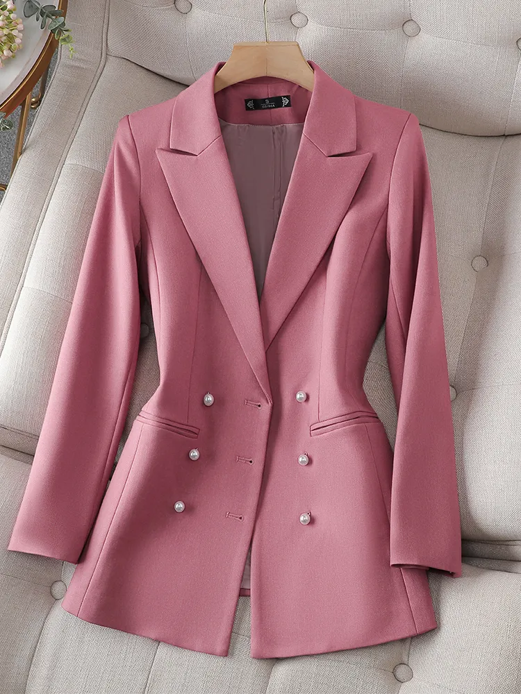 Kvinnor kostymer blazers höst vinter långärmad utkläder blazer kvinnor rosa svart beige kvinnlig trippel bröstvattna solid damjacka päls för arbetskläder 230906