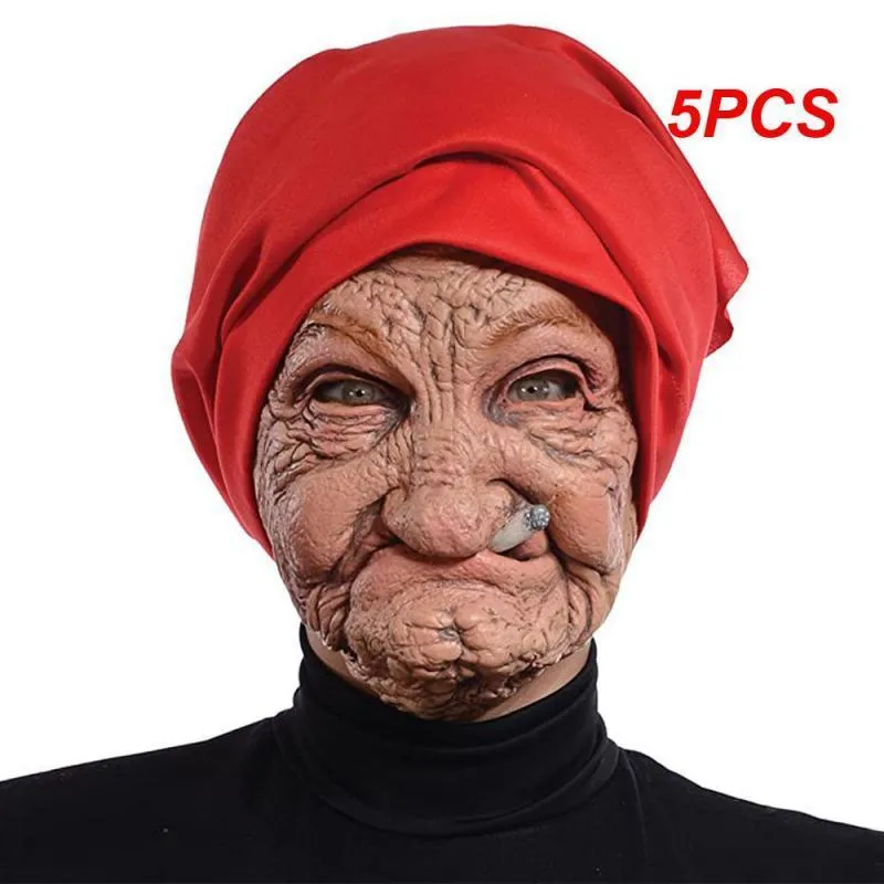 Maski imprezowe 5pcs dym babcia realistyczne stare kobiety twarzą w twarz maska ​​Halloween okropna maska ​​lateksowa przerażająca pełna głowa przerażająca zmarszczka twarz cosplay rekwizyty 230906