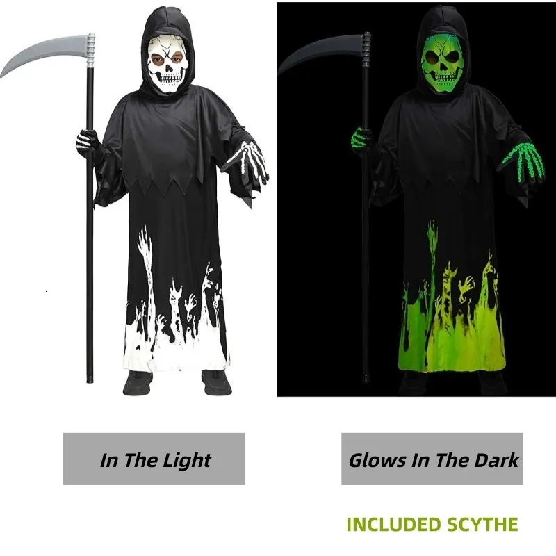 Occasioni speciali Bambino Glow In The Dark Grim Reaper Phantom Scary Costume per bambini in maschera Halloween Festa a tema Performance 230906