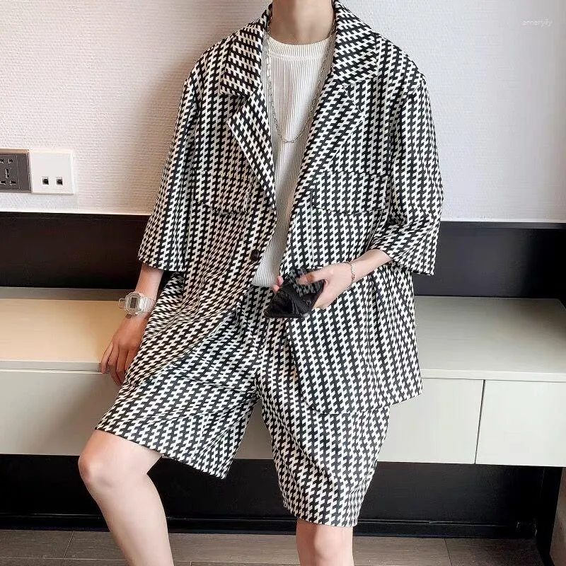 Men's Tracksuits Spring And Summer Fashion Suit Two-Piece Korean Version Of The Bird Plaid Seven-Minute Sleeve Shorts Loose Casual