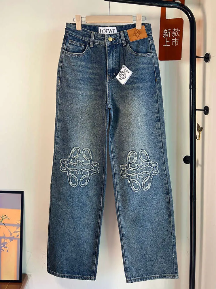 Jeans Mens Waist lowewe lowe Pants Loewees loeewe High Designer Leg Original Quality Slim Edition New Embroidered Fur Versatile Edge Wide Washable 0594