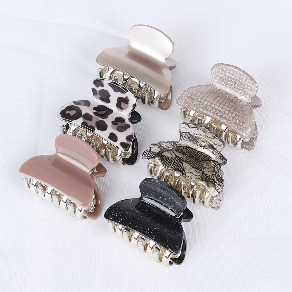 Saç klipsleri barrettes 6pcs asetat akrilik küçük yengeç pençesi kadınlar kızlar sevimli basılı leopar plastik kelepçeler barrette aksesuarları seti 230907