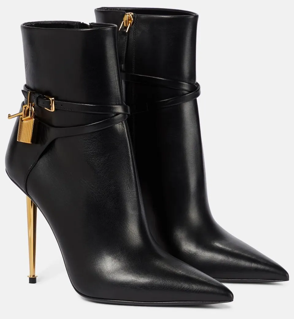 Bottines en cuir de cadenas noir de luxe d'hiver pour femmes, serrure à clé, bretelles, bout pointu, talons hauts, robe de soirée, bottines de mode EU35-43 avec boîte