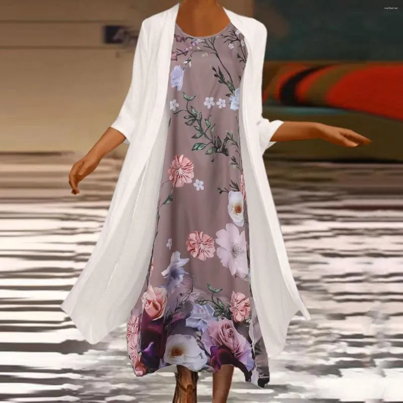 Повседневные платья Шифоновое платье с цветочным принтом Комплект из двух предметов Мода и отдых Элегантный винтажный длинный с круглым вырезом Свободная солнцезащитная одежда Халат