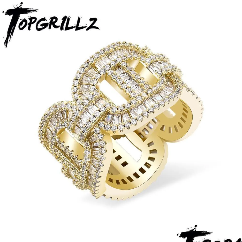 Solitaire Ring Topgrillz Cuban Link Chains Anéis Iced Out Cubic Zirconia Gold Color Hip Hop Personalizado Moda Jóias Presente Drop Del Dhxwc