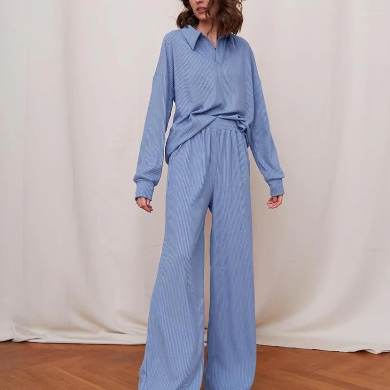 Pigiama semplice moda pigiama da donna set cotone blu morbido casual Lady manica lunga a righe tinta unita pantaloni larghi 2 pezzi autunno