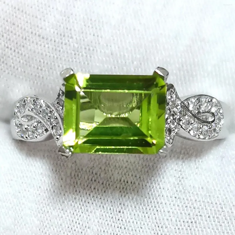 Cluster Rings Genuine Green Peridot Women Ring 925 Sterling Silver 7x9mm Emerald Cut Gemstone Jewelry August Birthstone R002GPN