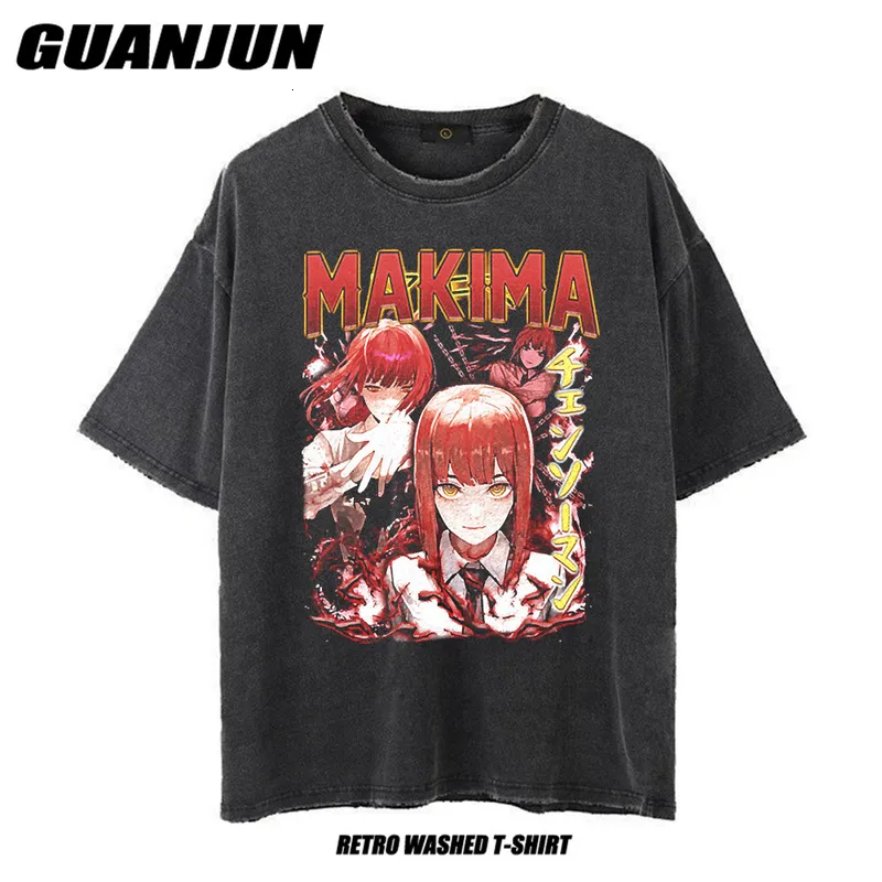 Camisetas para hombres Harajuku lavada camiseta motosierra hombre gráfico camiseta divertida dibujos animados manga makima anime unisex tops y2k ropa 230906