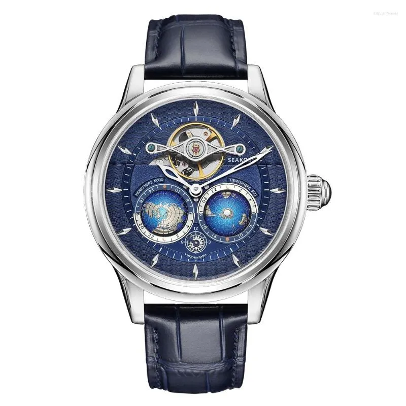 Relógios de pulso SEAkOSS Tourbillon Flywheel Automático Mecânico Luxo Masculino Norte e Sul Hemisfério Relógio Mundial