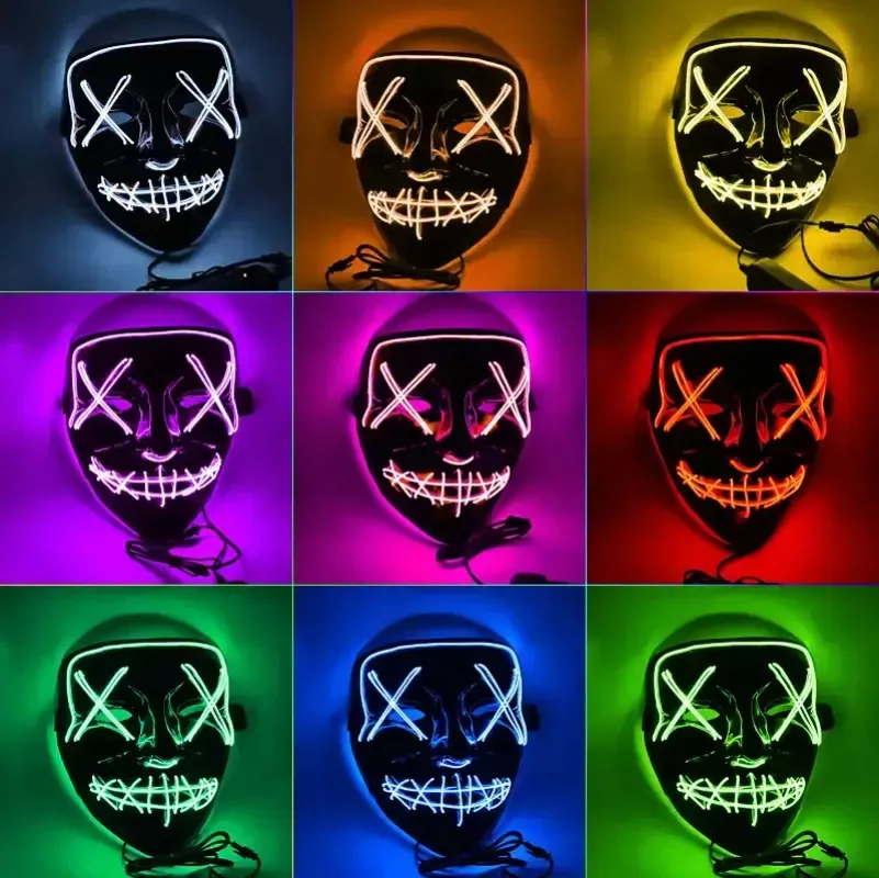 Halloween skräckmasker ledande glödande mask v purge masker val kostym dj fest ljus upp masker glöd i mörka 10 färger nya