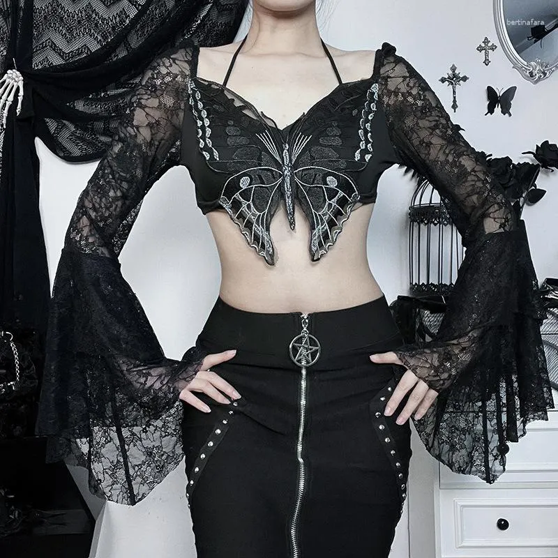 Women's T Shirts Goth Dark Fairycore Butterfly Sexy Lace Crop Tops Mall Gothic Grunge Flare Sleeve Sheer T-shirts Women Tie Up Skinny Alt
