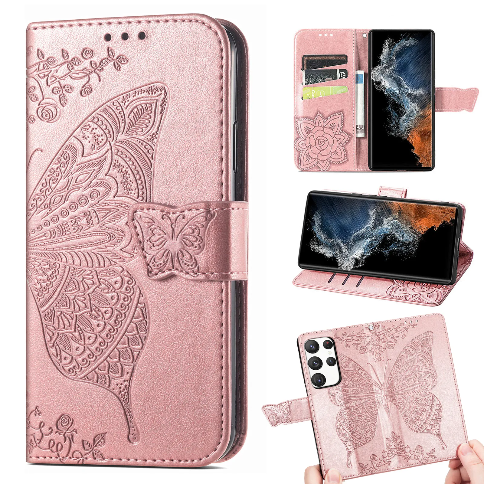 Custodie a portafoglio in pelle con stampa 3D a farfalla per Samsung Galaxy S23 Ultra S22 S21 S20 Note 20 S10 Porta carte Flip Stand Cover per telefono fiore in rilievo Conque