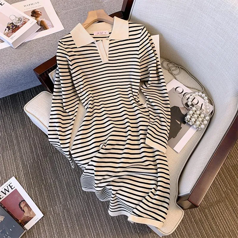 Casual Dresses Women's Simple Striped Knitted Dress 2023 Autumn Winter Polo Collar A-Line Long Sleeve All-Matched For Ladies