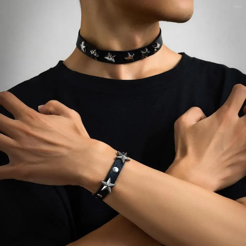 Hänghalsband Punk bred svart pu läder med pentagram kort choker halsband för män trendig krage på halsen 2023 modesmycken