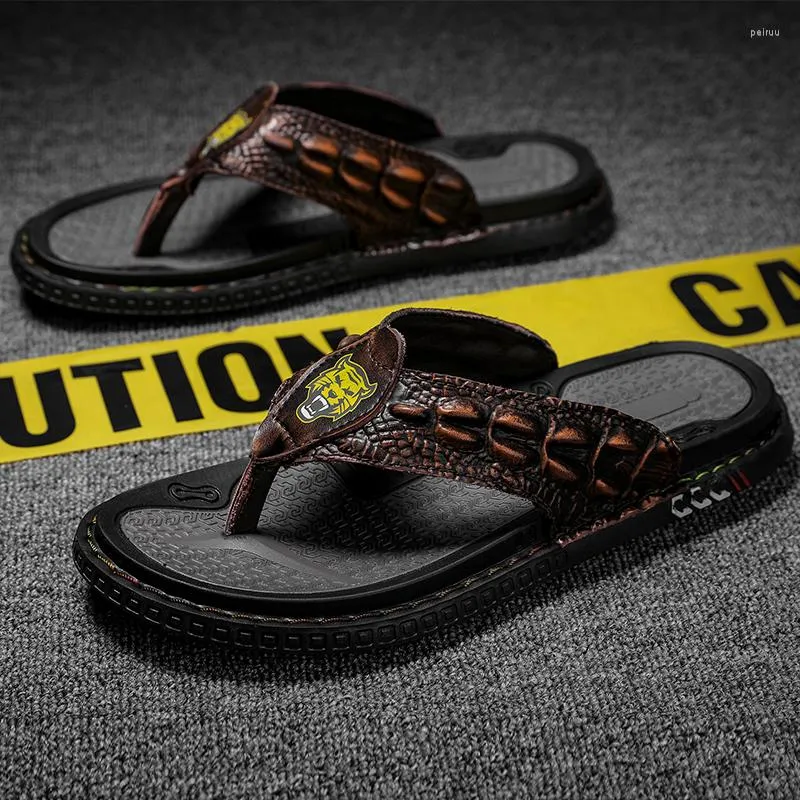 Slippers WEH Handmade Flip Flops Crocodile Grain 2023 Summer Men Casual Shoes Non slip Outdoor Beach Leather Sandals
