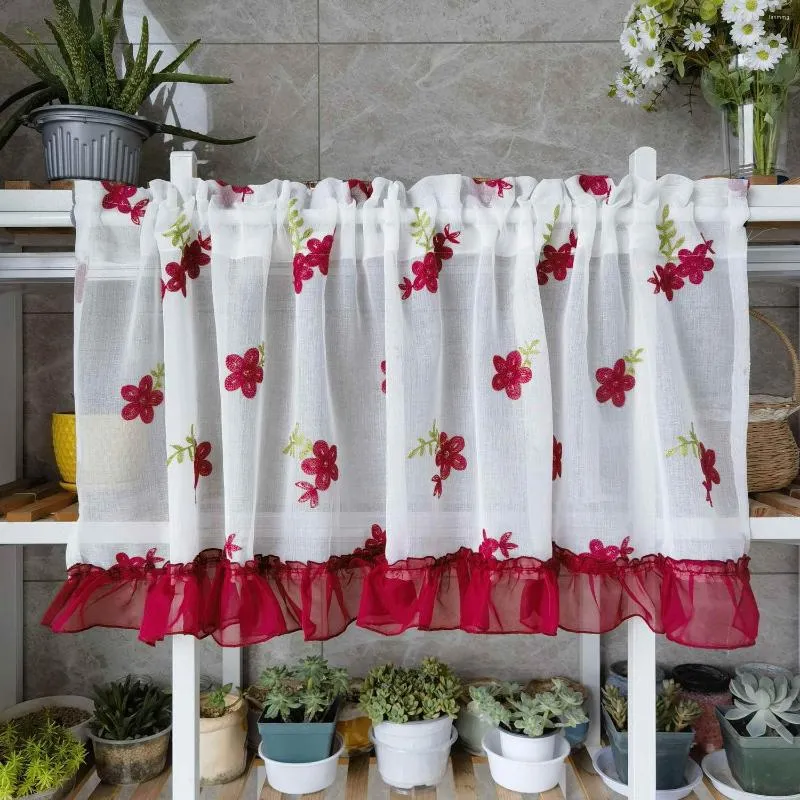 Curtain Red Floral Short Embroidered Tulle For Kitchen Bedroom Living Room Door Window Curtains Home Decor Half Drapes Cortinas