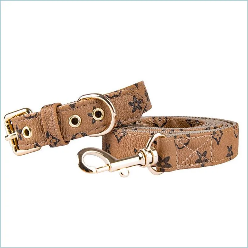 Dog Collars Leashes Designer Dog Collar Leashes Set Classic Old Flower Pattern Soft Adjustable Pu Leather Collars For Small Medium D Otn0B