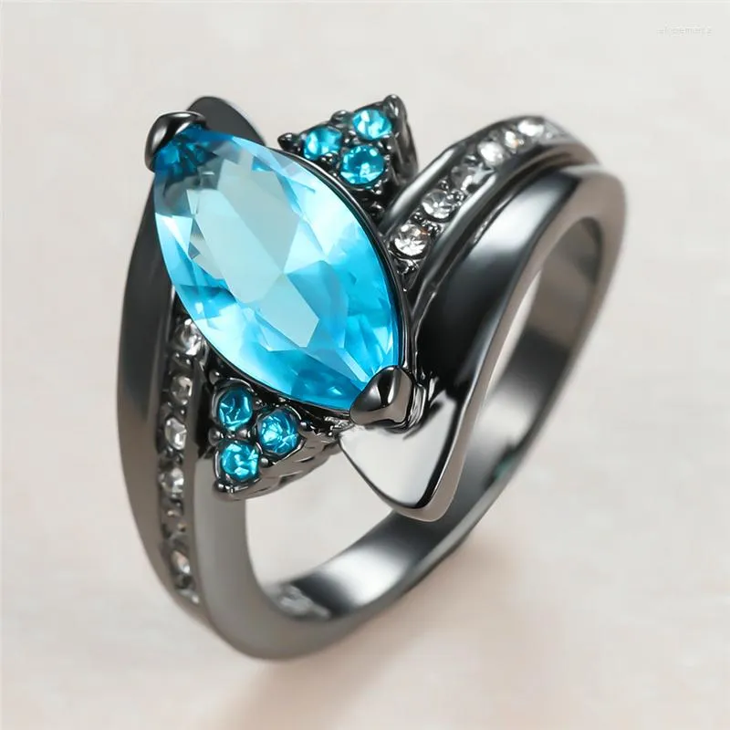 Wedding Rings Hip Hop Female Blue Crystal Thin Charm 14KT Black Gold For Women Luxury Leaf Zircon Stone Engagement Ring