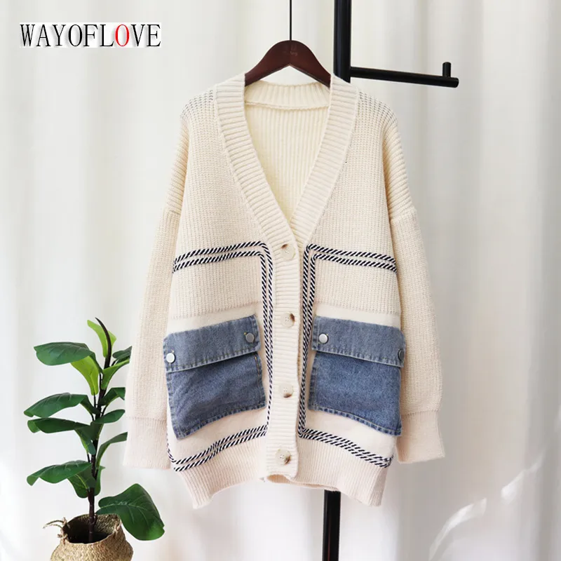 Women's Knits Tees WAYOFLOVE Vintage Denim Pockets Knitted Cardigans Sweaters Women Autumn Winter V Neck Spliced Women's Cardigan Soft Warm Sweater 230906