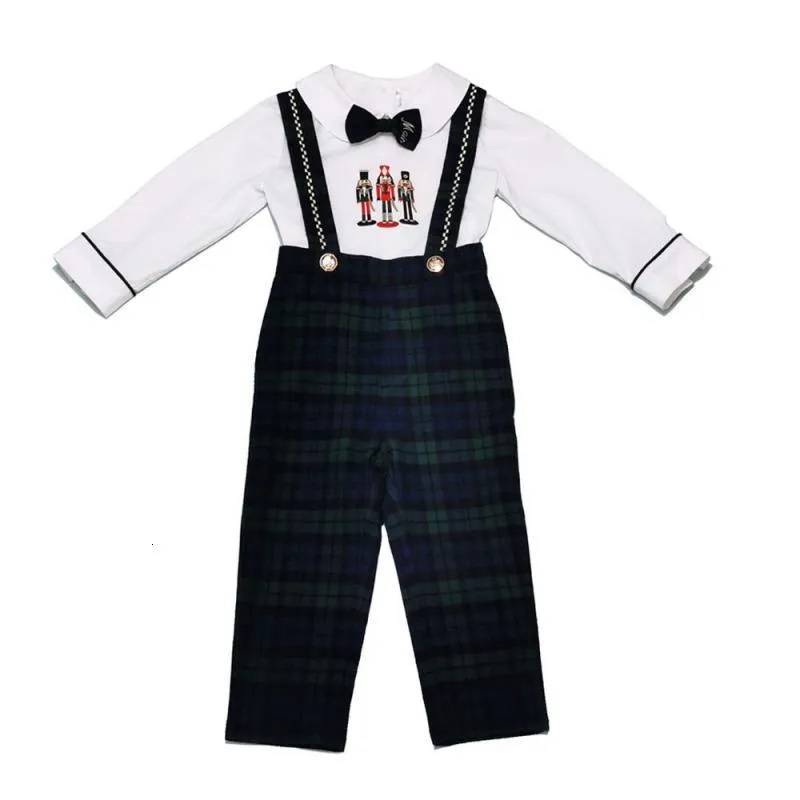 Jerseys Children Spanish Clothes Set Boys Clothing Suit Baby Soldier Embroidery Long Sleeve Shirt Strap Pants Birthday Christmas Outfit 230906