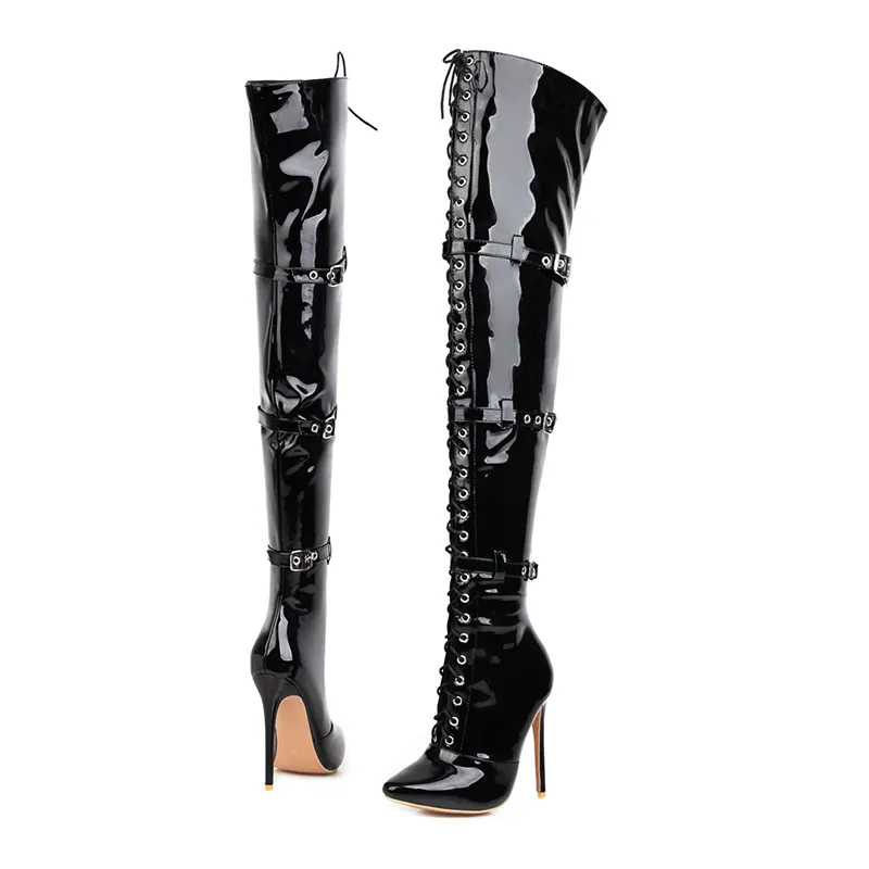 Women Sexy Cross Tied Thigh High 12cm Boots Pointed Toe Thin High Heels Over The Knee Boots Patent Leather Shoes Woman for girls party shoes