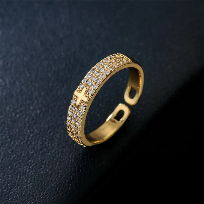 Pierścień Solitaire Classic Design Bling Cross Pierścień Moda Złoty kolor Cz Otwarty pierścień