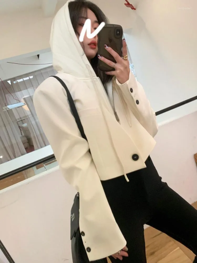 Women's Suits Korean Cropped Blazers Women False 2 Pieces Simple Single Button Outwear Hooded Teens All-match Long Sleeve Office Suit Jacket