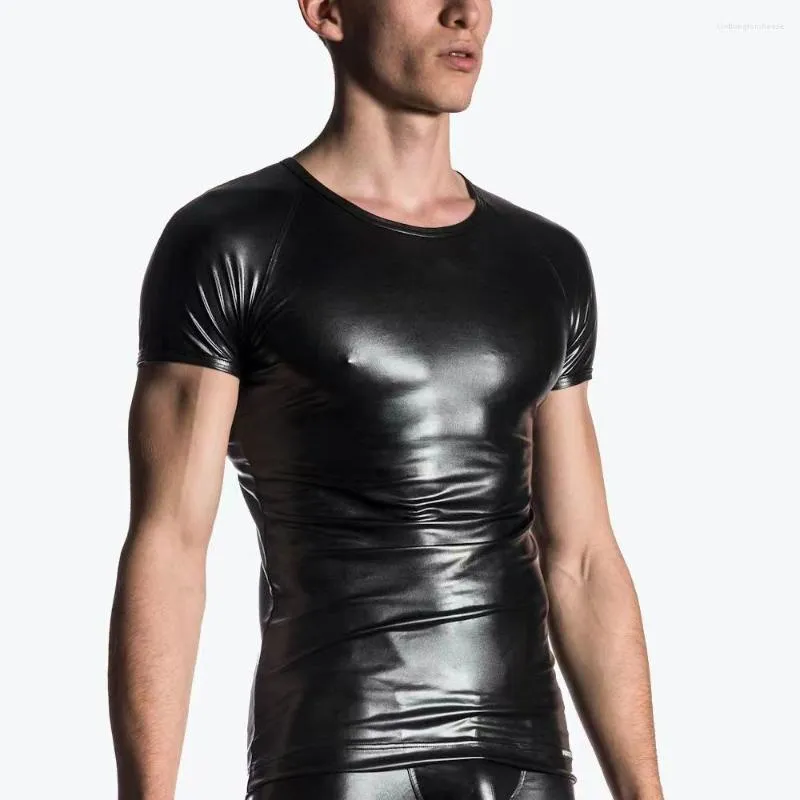 Men's T Shirts Men Stretch Faux Leather Short Sleeve Top T-Shirt PU Wet-Look Slim Bar Stage Performance Tee Male