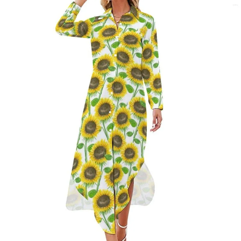 Abiti casual Abito girasole acquerello Natura Foglie di fiori Elegante manica lunga Festival Scollo a V Chiffon personalizzato di grandi dimensioni