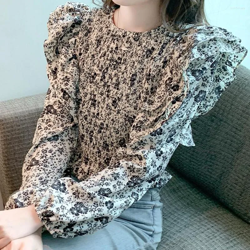 Women's Blouses 2023 Autumn Fashion Ruffle Edge Waist Wrap Long Sleeve Chiffon Shirt Short Style Printed Blouse Top Korean