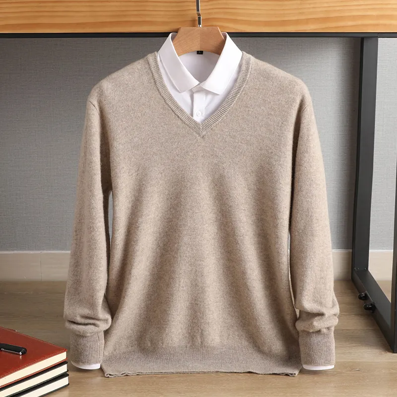 Herentruien 100% wol vneck gebreide pullover Business Casual Solid Color Sweater Bodemhirt Mannelijk merk Men 230906