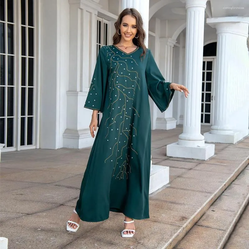 Elegant Muslim Abaya Dress Womens Eid Kaftan, Rhinestone