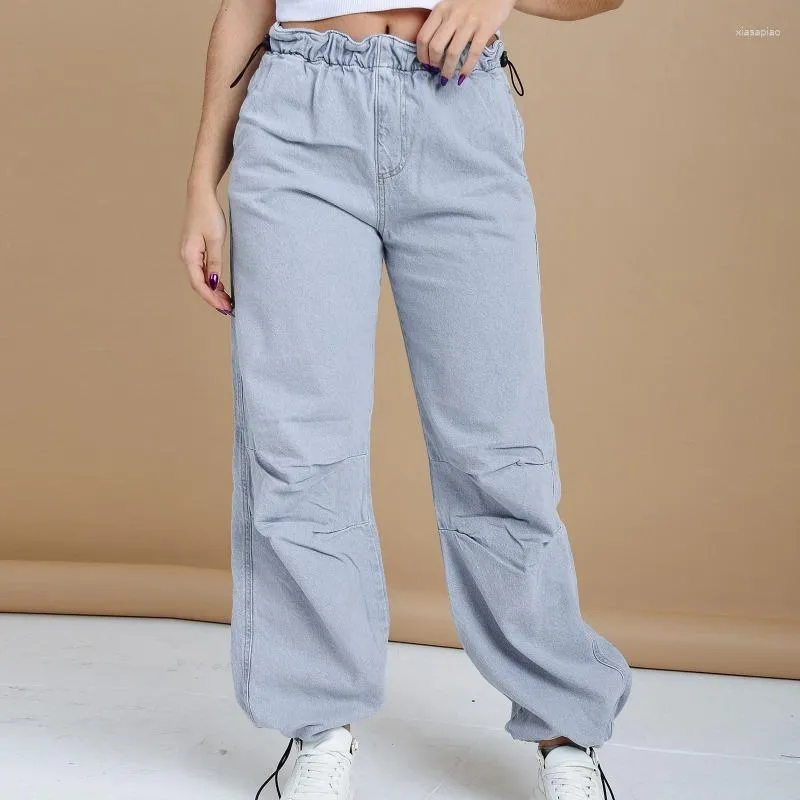 Pantaloni da donna Jeans casual larghi solidi Moda donna con coulisse Vita elastica Pantaloni sportivi in denim Pantaloni da strada femminili Tutti i fondi abbinati