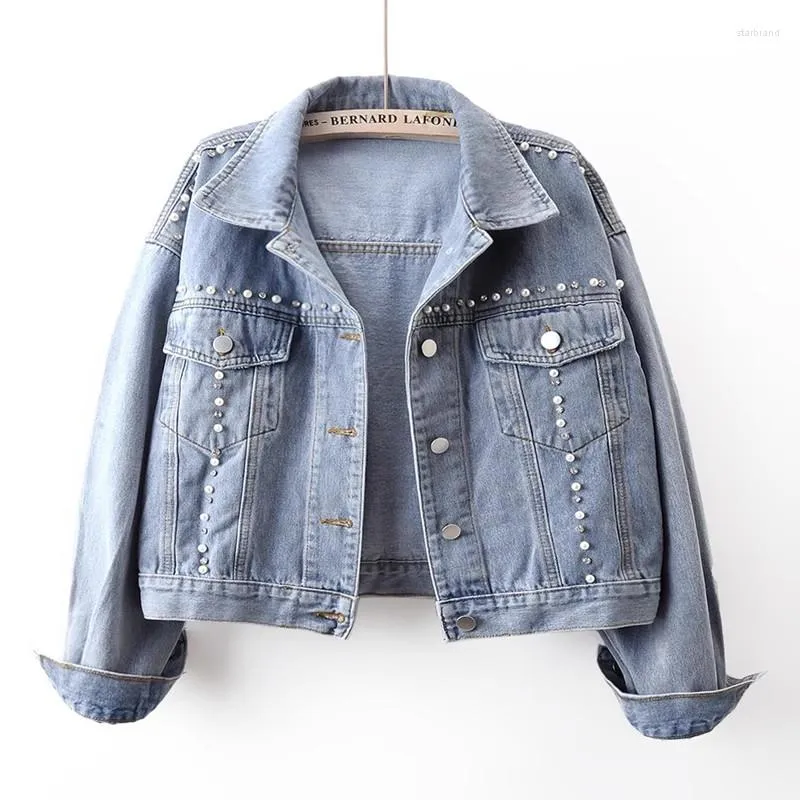 Kvinnorjackor Autumn Fashion Diamonds Beading Long Sleeve Denim Coat Women Vintage Kort Löst jeansjacka Kvinnlig ytterkläder Tide G3013