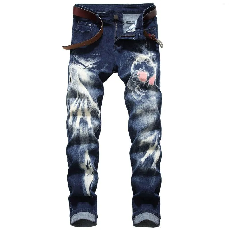 Męskie dżinsy moda 3D wzór ulicznych litery drukowane gotyckie man chudy czarny niebieski designerski denim spodnie plus rozmiar 42