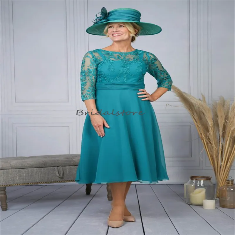 Chic Turquoise Mother Of The Bride Dress With Sleeve Elegant Chiffon Midi Lace Wedding Guest Dress O Neck 50s Old Women Birthday Party Gown 2023 Vestios De Fiesta Gala