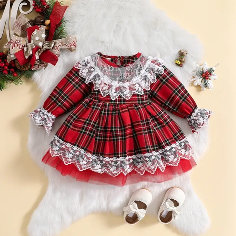 Robes de fille 1 5Y Noël Enfants Filles Casual Princesse Enfants Dentelle Fleur Rouge Plaid À Volants Élégant Robe De Fête Robe De Noël 230906