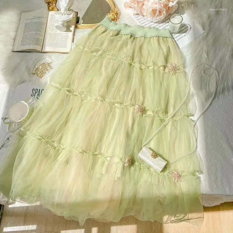 Jupes Volants Tutu Jupe Plissée Femmes Taille Haute Grande Balançoire Vintage Tulle Coréen Vert Maille Longue Vêtements Streetwear Q03