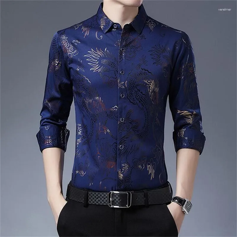 Herenoverhemden 2023 Herfst Smart Casual Shirt Lange Mouw Grappige Grafische Voor Mannen Revers Koreaanse Stijl Zakelijke Kleding