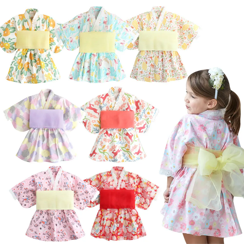 Girl s Dresses Baby Girl Rompers Japanese Style Kawaii Girls Floral Print Kimono Dress for Kids costume Infant Yukata Asian Clothes 230906