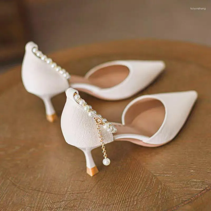 Dress Shoes Women Heels Wedding Bride Party Sweet Fashion Elegant Woman With Medium Heel Pointed Toe Stilito Princess Wind Pearl Pumps